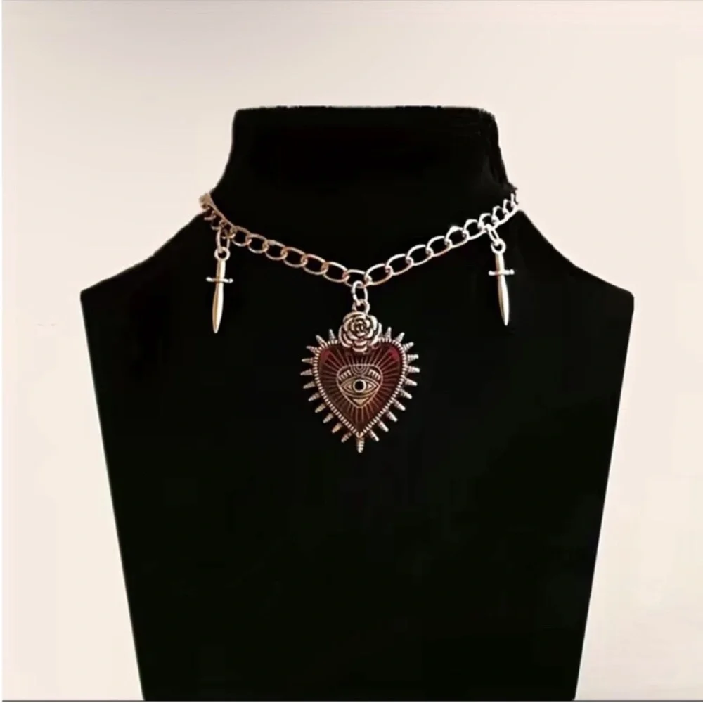 gothic silver-toned choker necklace red heart pendant Devil eye dagger charms. - Picture 4 of 9